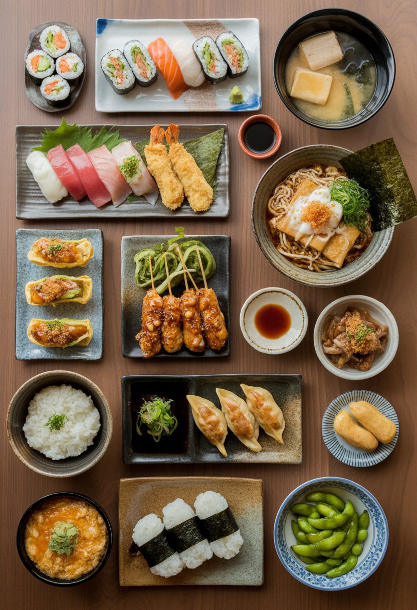A table displaying 15 different traditional Japanese dishes arranged neatly, including sushi, miso soup, tempura, sashimi, ramen, takoyaki, yakitori, rice, gyoza, pickled vegetables, natto, onigiri, chawanmushi, edamame, and green tea.