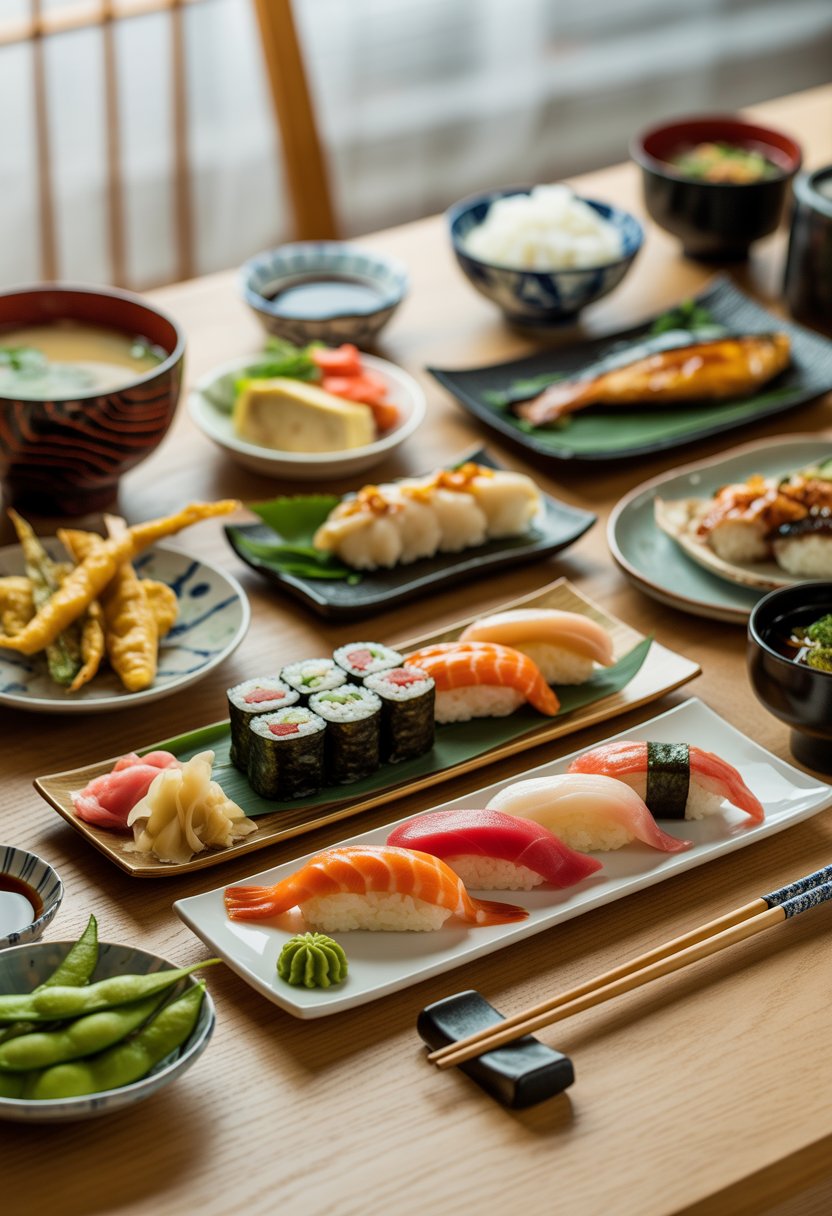 A wooden table displaying an assortment of 15 traditional Japanese foods including various types of sushi, miso soup, tempura, and rice, arranged neatly with chopsticks and dipping sauces.