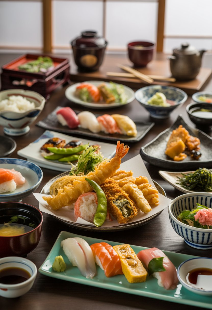 A wooden table set with a variety of traditional Japanese dishes including tempura, sushi, miso soup, and rice bowls, arranged with chopsticks and ceramic tableware.