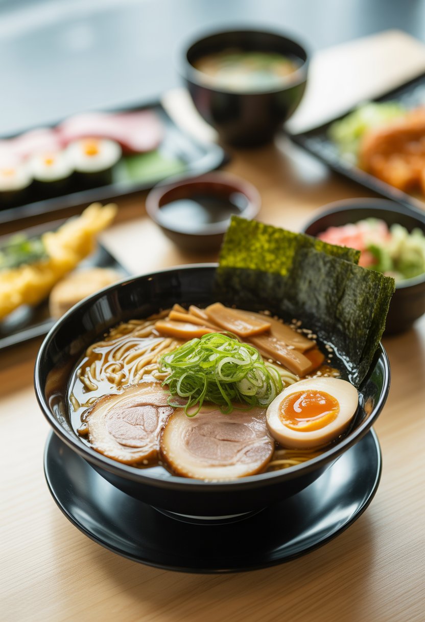 A bowl of traditional Japanese ramen with broth, noodles, pork slices, soft boiled egg, and garnishes on a wooden table, with other Japanese dishes blurred in the background.