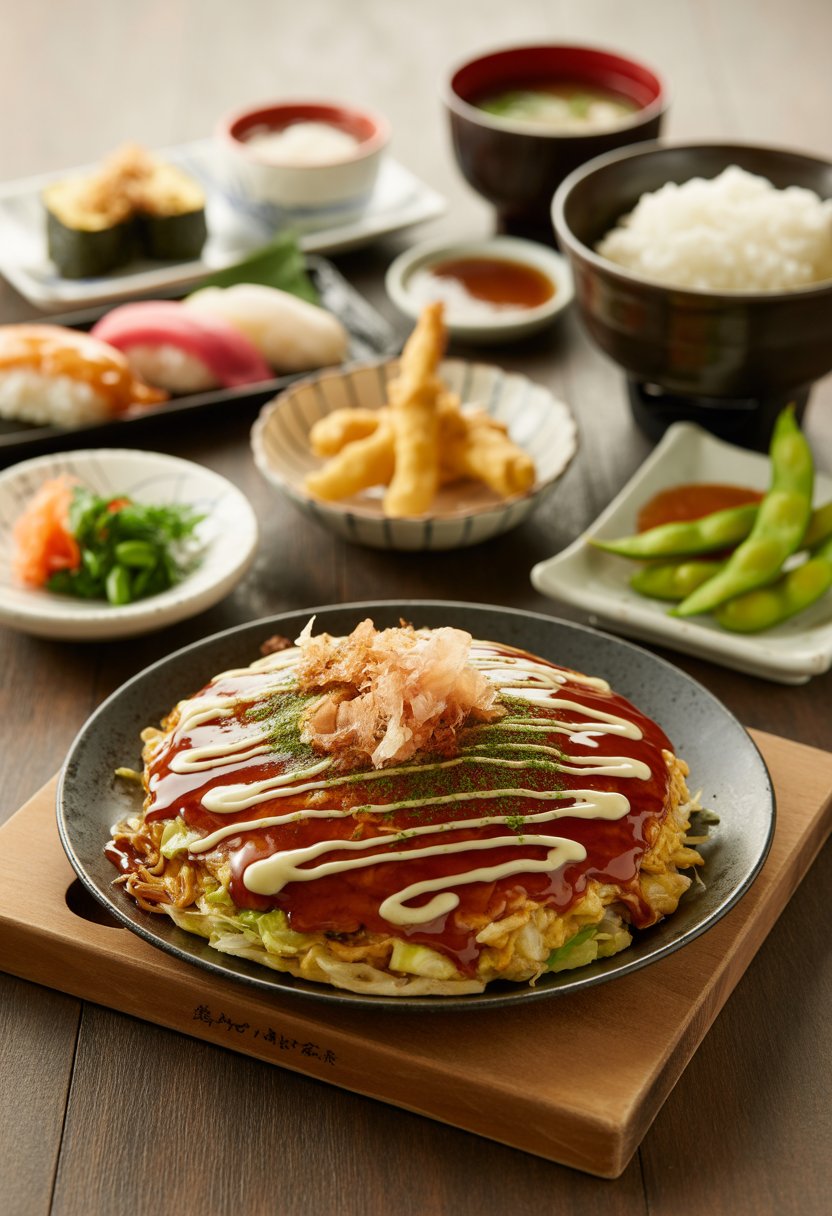 A table set with okonomiyaki and various traditional Japanese dishes including sushi, tempura, miso soup, and rice.