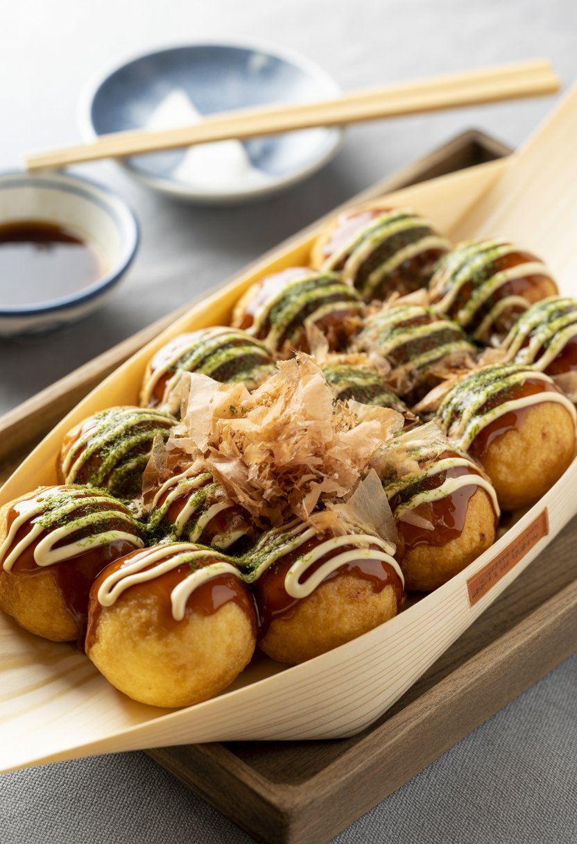 Close-up of a wooden tray with golden brown takoyaki balls topped with sauce, mayonnaise, seaweed flakes, and bonito flakes, with chopsticks and a small bowl of dipping sauce nearby.