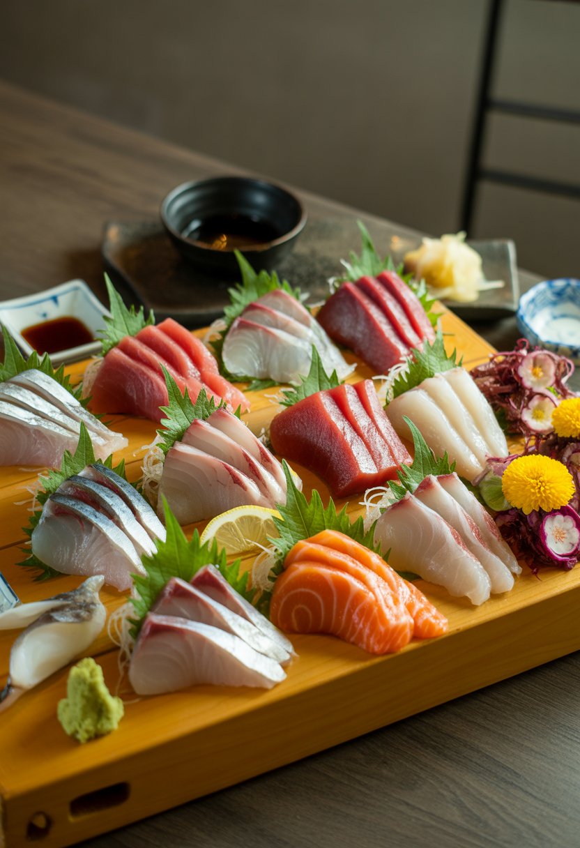 A large wooden platter displaying 15 different types of fresh sashimi with garnishes and small dishes of soy sauce, wasabi, and pickled ginger on a dark wooden table.