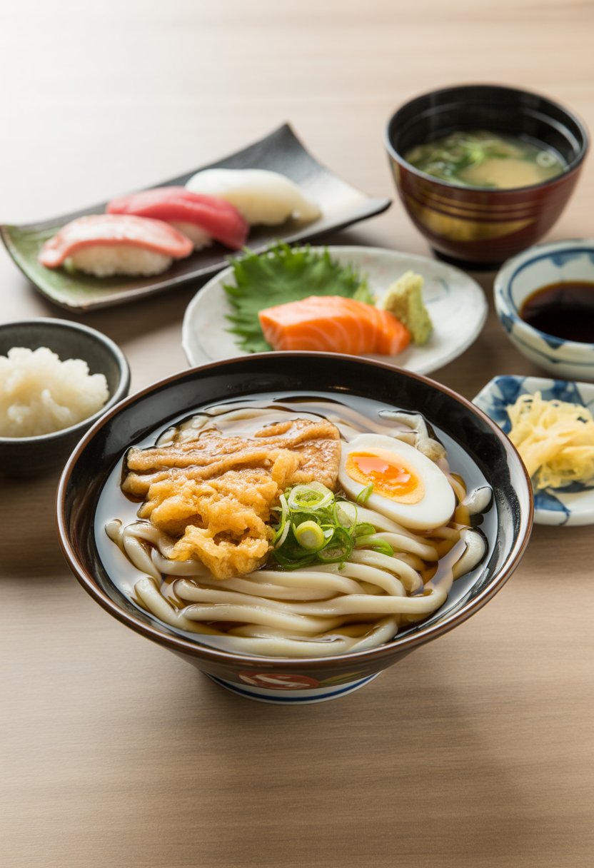 A bowl of udon noodles with broth and garnishes, surrounded by small dishes of traditional Japanese foods on a wooden table.