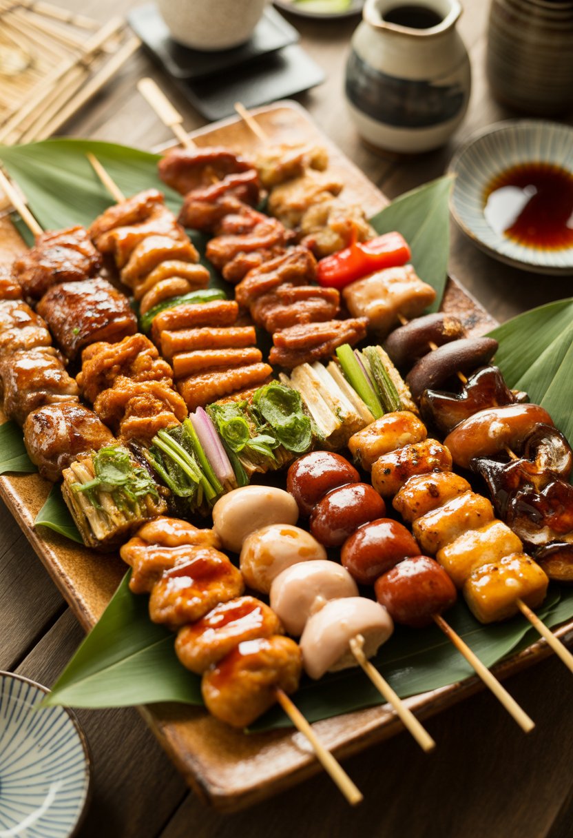 A wooden platter with 15 different grilled Japanese yakitori skewers arranged with dipping sauces and garnishes.