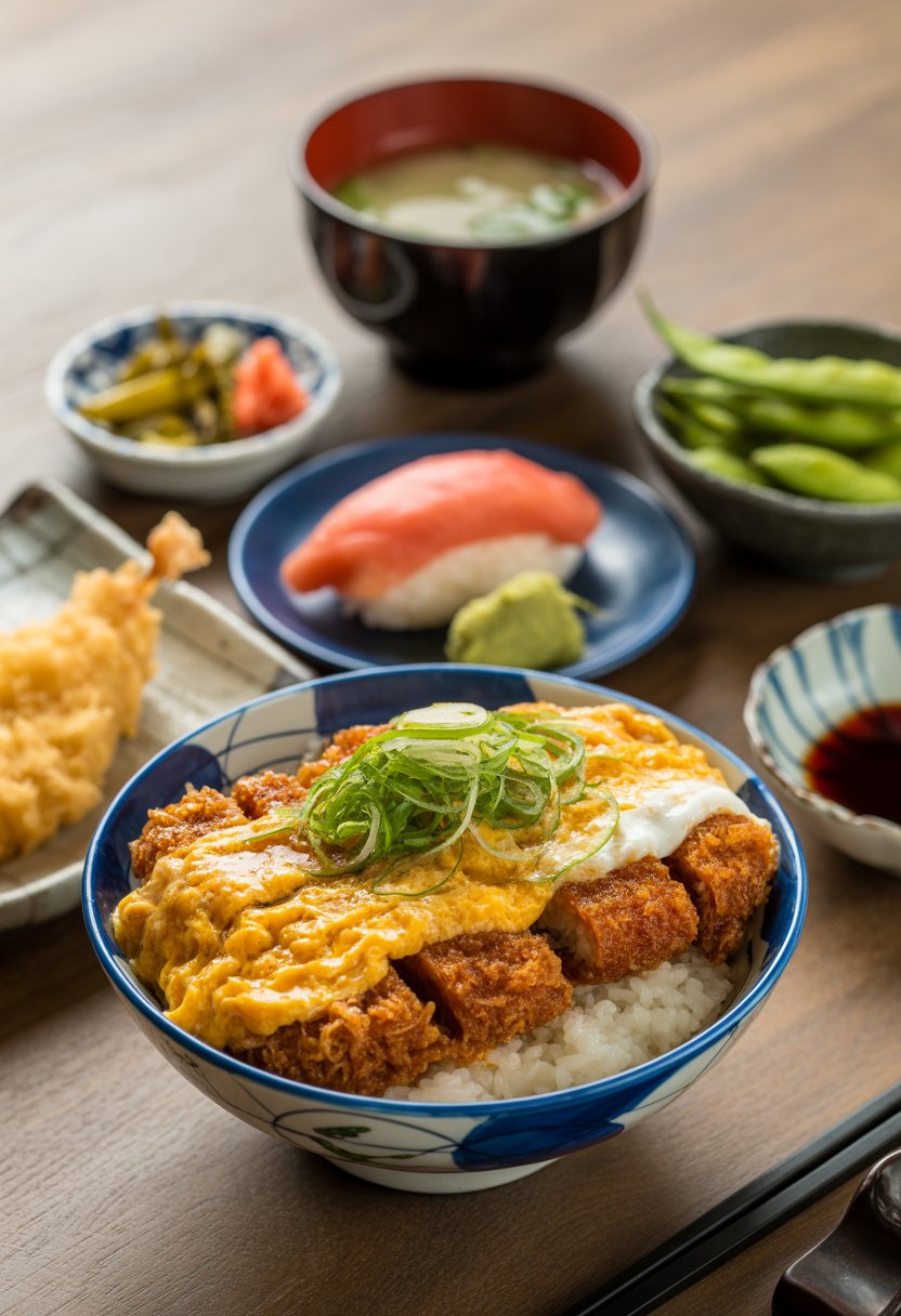 A bowl of katsudon with crispy pork cutlet, egg, and rice, surrounded by small dishes of traditional Japanese foods on a wooden table.