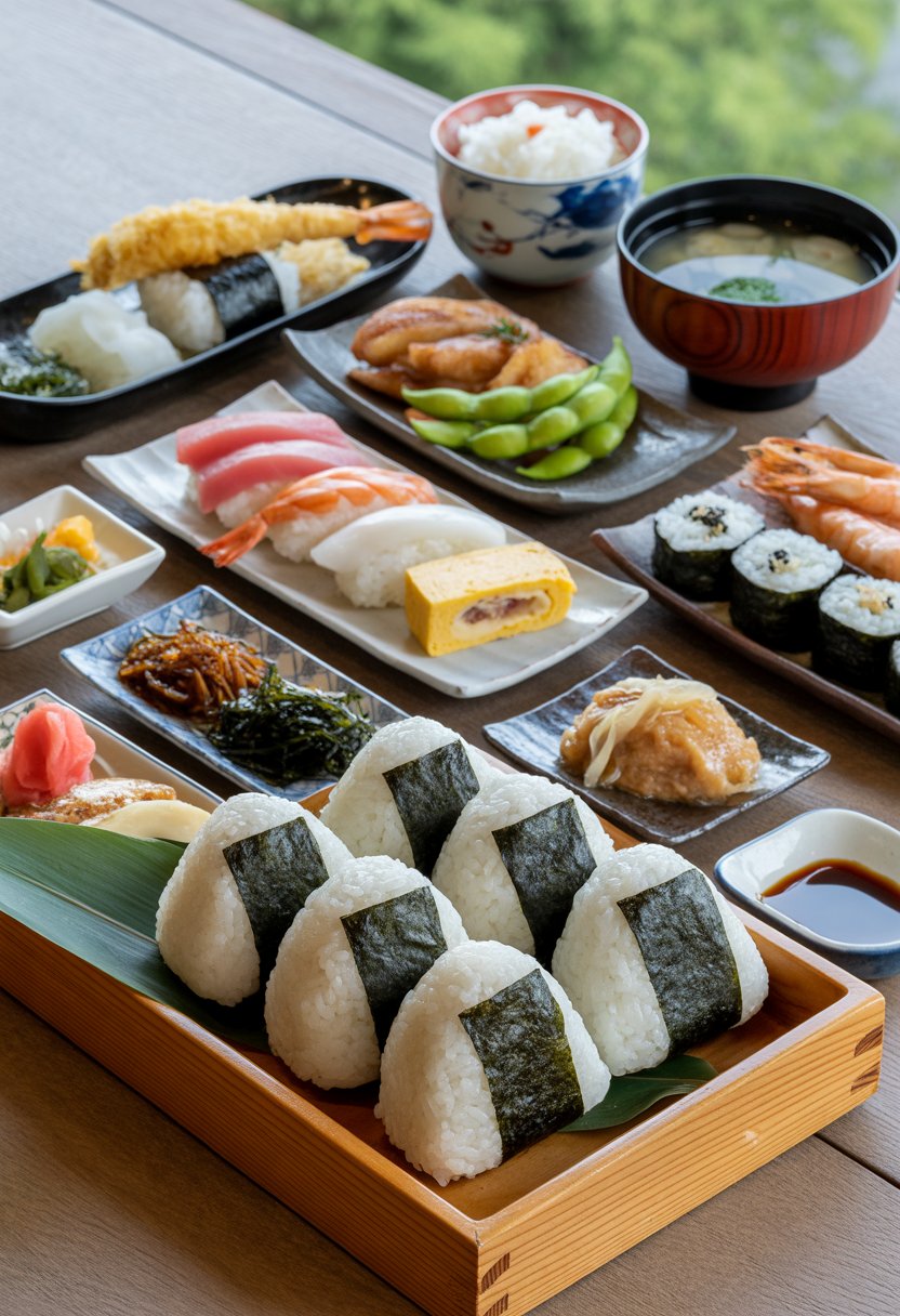 A variety of traditional Japanese foods including Onigiri rice balls, sushi, tempura, miso soup, and other dishes arranged on wooden trays and ceramic plates.