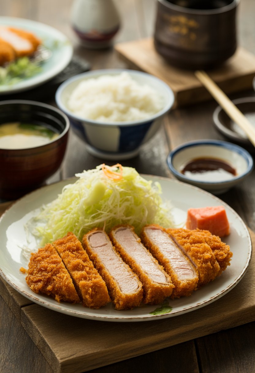A plate of sliced Tonkatsu with shredded cabbage, rice, miso soup, and dipping sauce arranged on a wooden table.