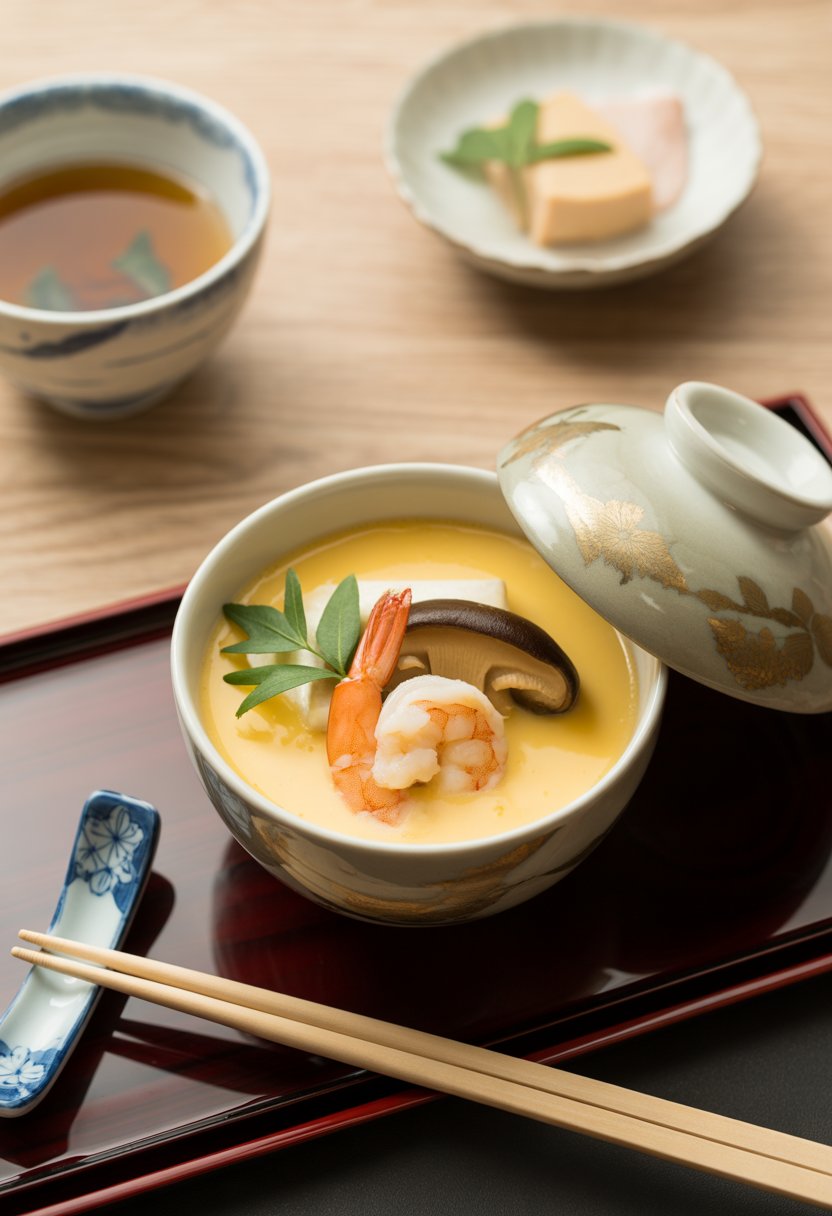 A cup of traditional Japanese steamed egg custard called Chawanmushi, garnished with shrimp, mushroom, and herbs, placed on a wooden table with chopsticks and a small bowl in the background.