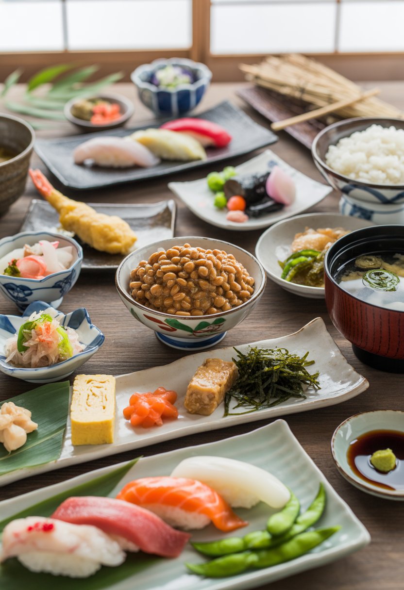 A table set with 15 traditional Japanese dishes including Natto, sushi, miso soup, tempura, grilled fish, rice, and various side dishes arranged neatly on ceramic plates.