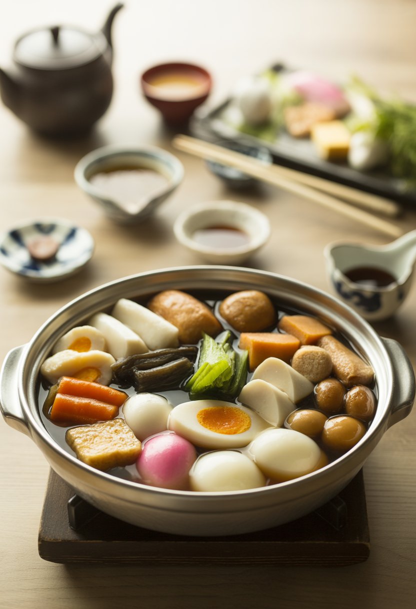 A large pot filled with various traditional Japanese oden ingredients simmering in broth on a wooden table, surrounded by chopsticks and small bowls.