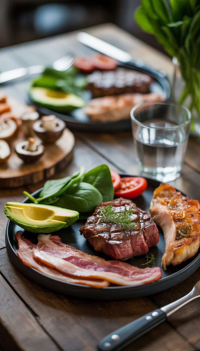 A wooden table with cooked meats and small portions of vegetables arranged on plates, with a glass of water nearby.