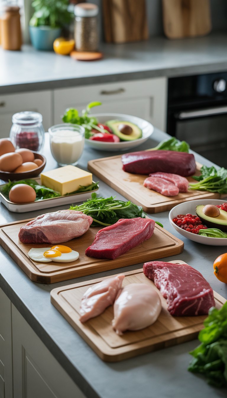 A kitchen countertop displaying various animal-based foods like beef, chicken, fish, eggs, cheese, and small portions of leafy greens and avocados arranged neatly on cutting boards and plates.