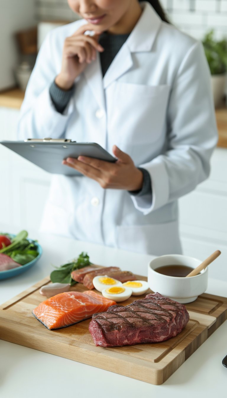 A kitchen scene with a cutting board displaying steak, salmon, eggs, bone broth, and some greens, with a person in a lab coat reviewing a tablet in the background.