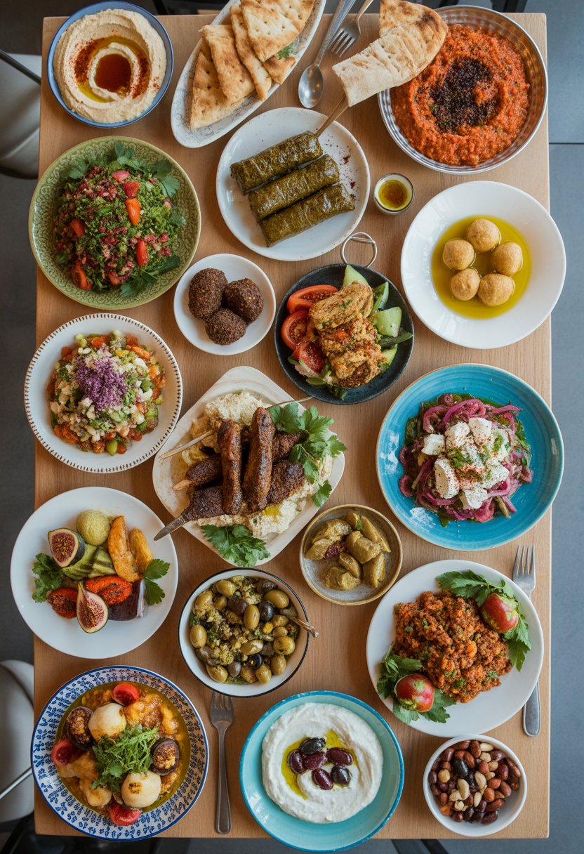 A wooden table displaying 15 different Mediterranean dishes including salads, grilled meats, dips, bread, and fresh vegetables arranged in colorful bowls and plates.