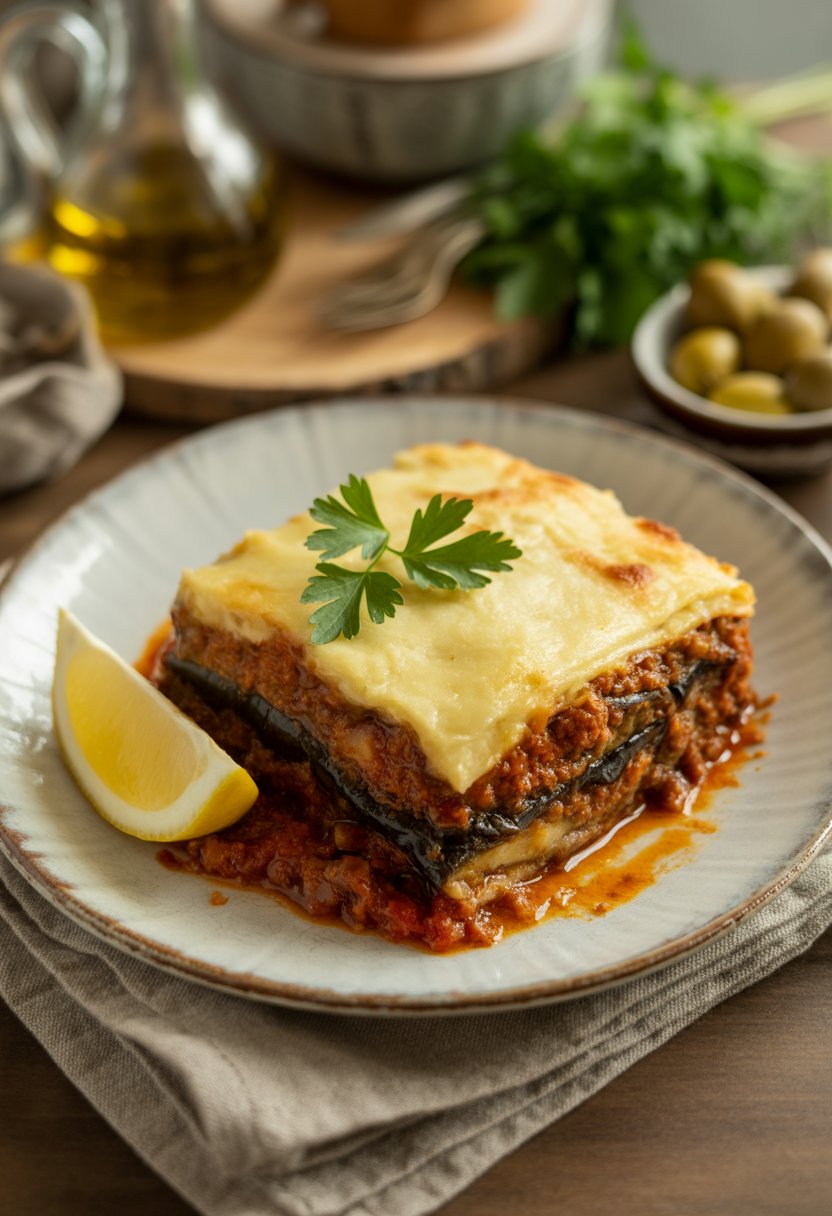 A plate of Greek moussaka with layers of eggplant, meat, and béchamel sauce, garnished with parsley and lemon, on a wooden table with olives and olive oil nearby.