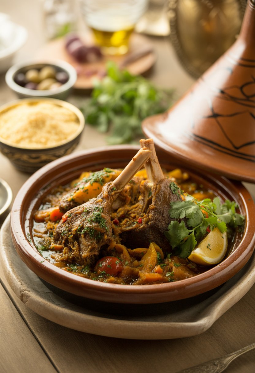 A close-up of a Moroccan lamb tagine with vegetables and herbs served in a traditional earthenware pot on a wooden table.