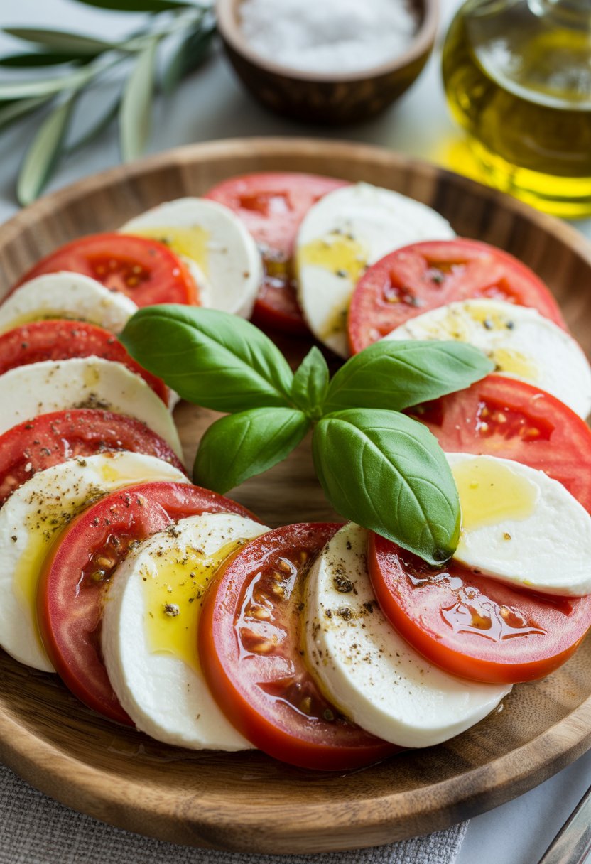 A plate of Italian Caprese salad with tomato slices, mozzarella, and basil leaves drizzled with olive oil and balsamic glaze.