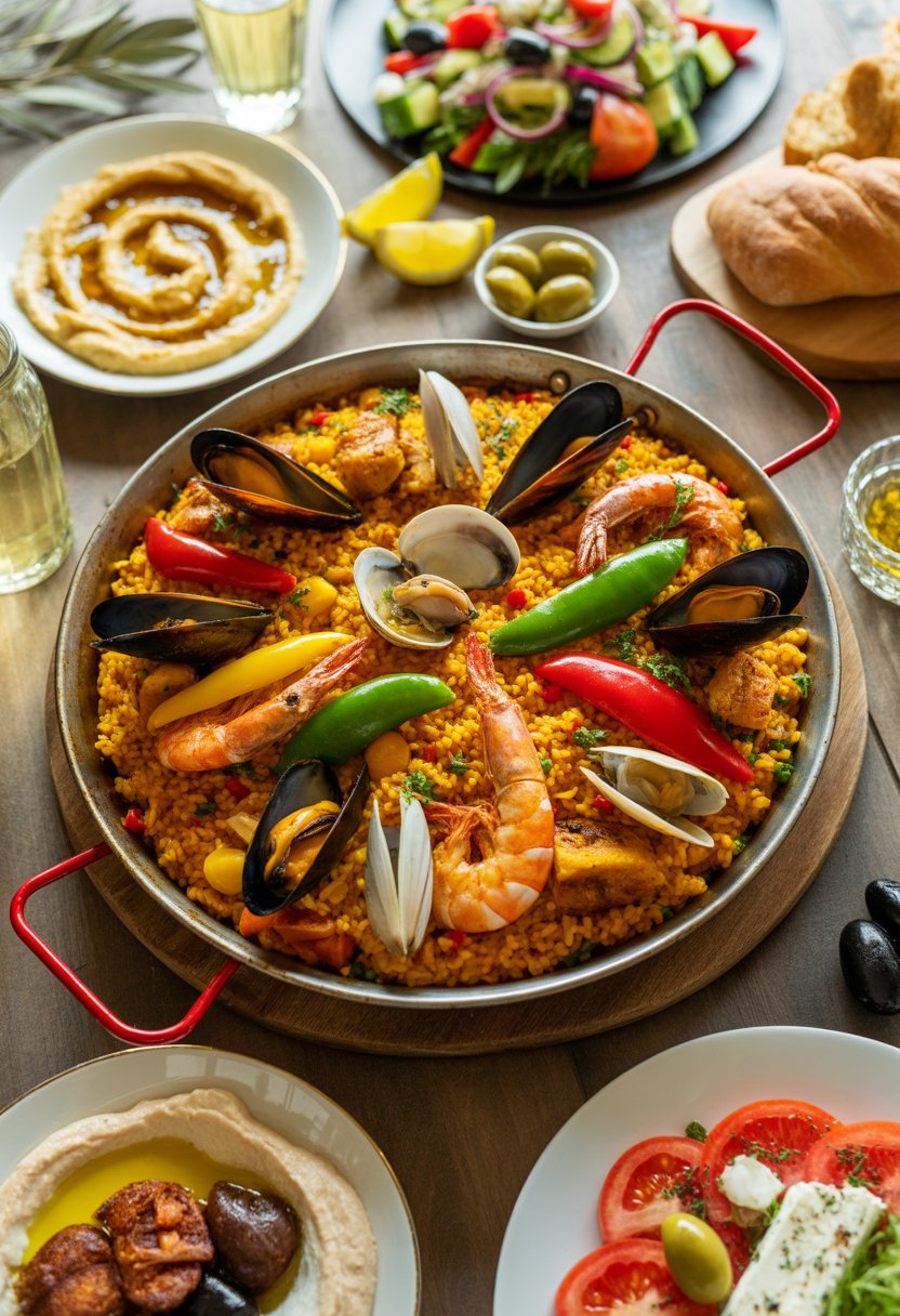 A large pan of Spanish paella with seafood and vegetables surrounded by various Mediterranean dishes on a wooden table.