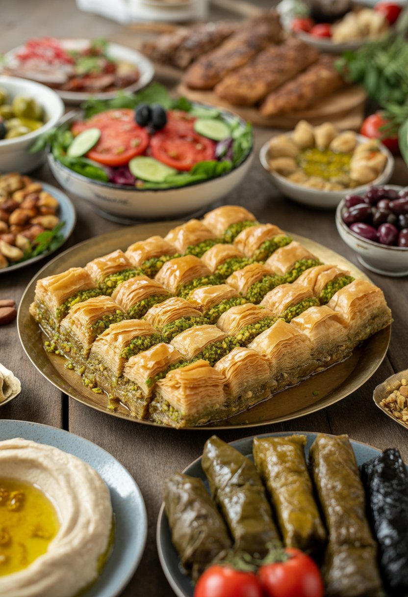 A platter of Turkish baklava surrounded by various Mediterranean dishes on a wooden table.