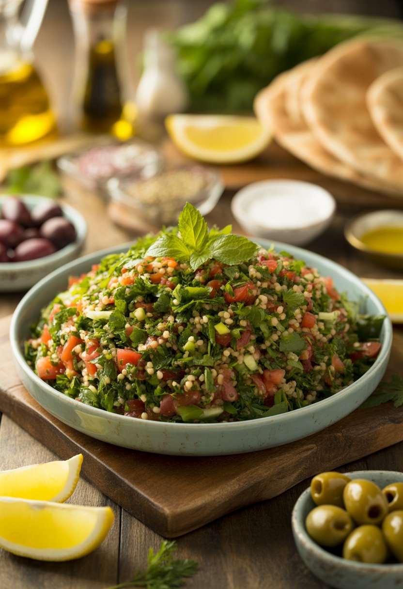 A bowl of fresh Lebanese tabbouleh salad with chopped parsley, tomatoes, bulgur, and mint on a wooden table surrounded by olives, lemon wedges, and pita bread.