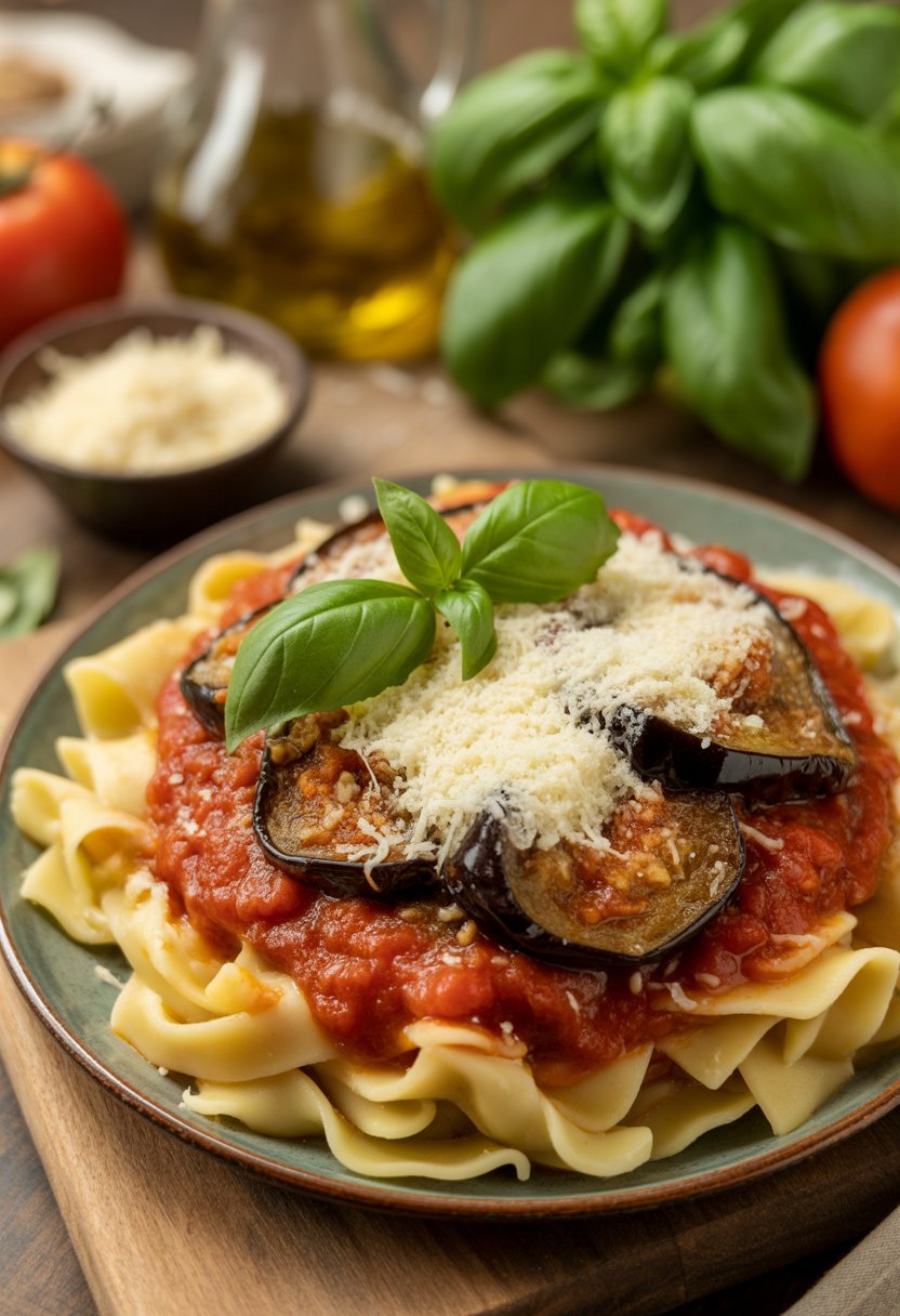 A plate of Sicilian Pasta alla Norma with tomato sauce, fried eggplant, basil, and ricotta cheese on a wooden table with fresh ingredients nearby.