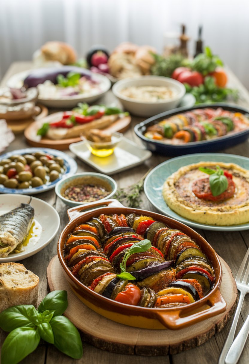 A colorful spread of Mediterranean dishes featuring a traditional French ratatouille with fresh vegetables on a wooden table.