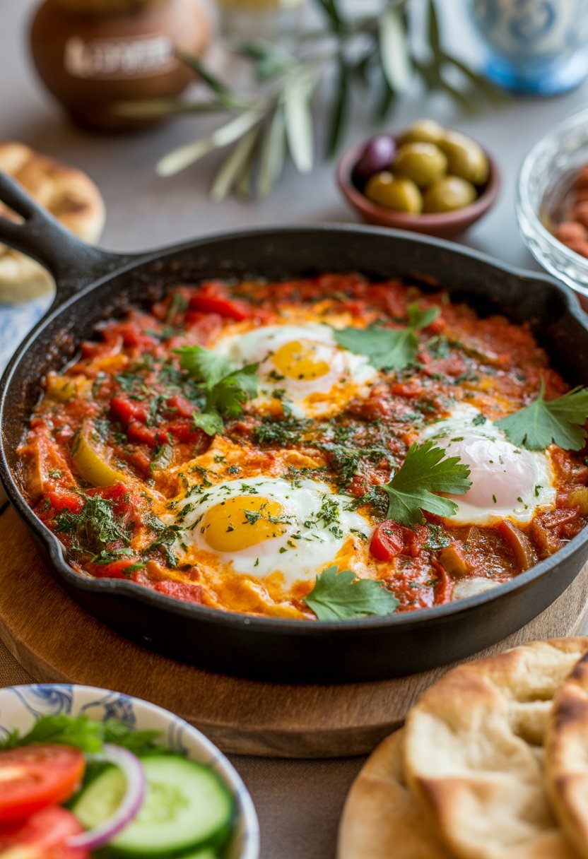 Close-up of a skillet filled with shakshuka, showing poached eggs in tomato sauce with vegetables, surrounded by pita bread and Mediterranean side dishes on a wooden table.