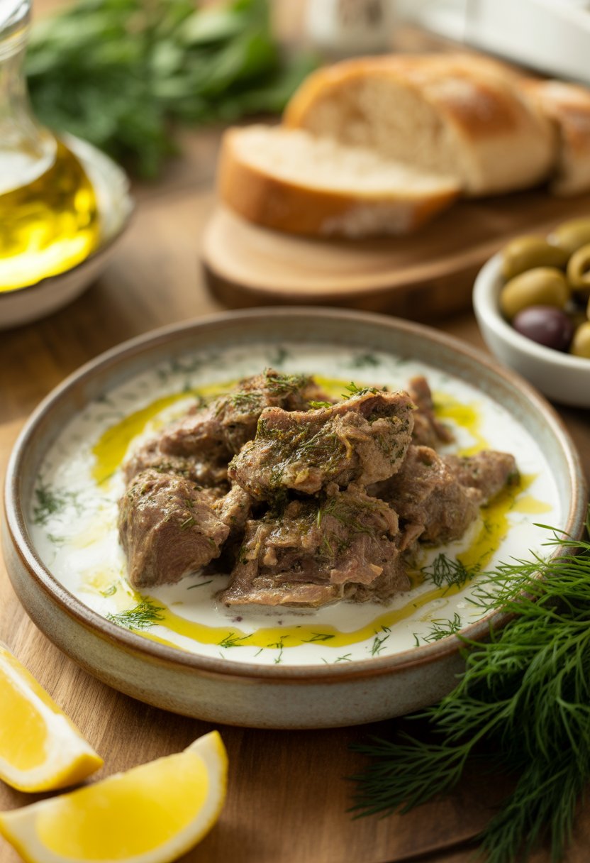 A bowl of Albanian lamb in creamy yogurt sauce garnished with herbs, served with bread and lemon on a wooden table.