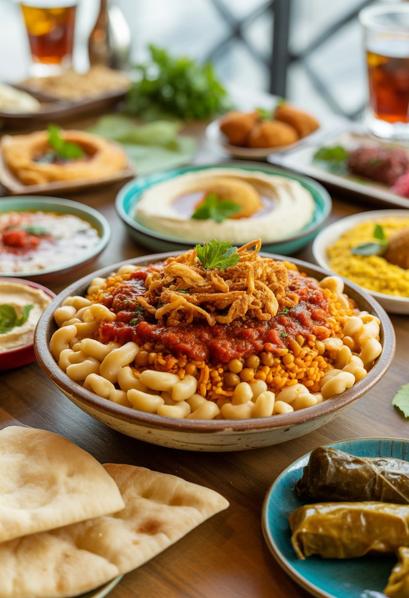 A bowl of Egyptian Koshari with rice, lentils, chickpeas, tomato sauce, and fried onions, surrounded by plates of Mediterranean dishes and fresh herbs on a wooden table.