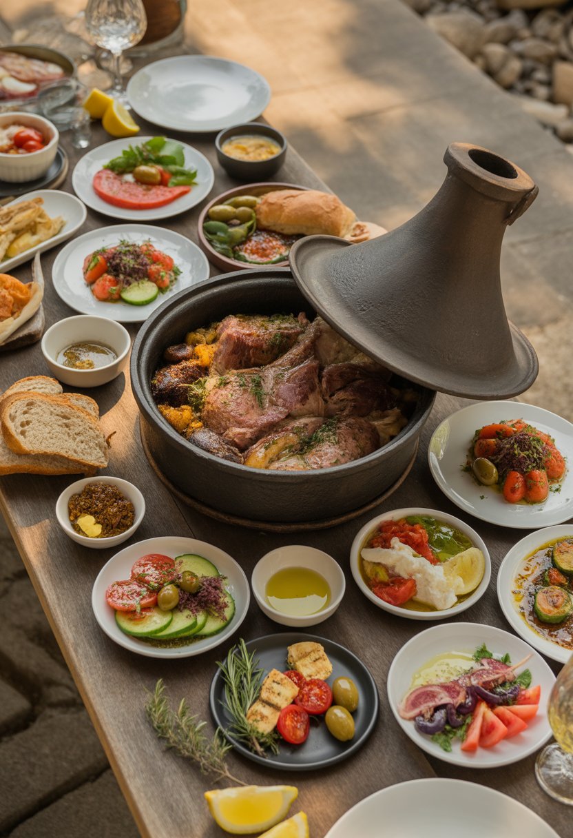 A Croatian Peka pot with roasted meats and vegetables surrounded by an assortment of Mediterranean dishes on a wooden table outdoors.