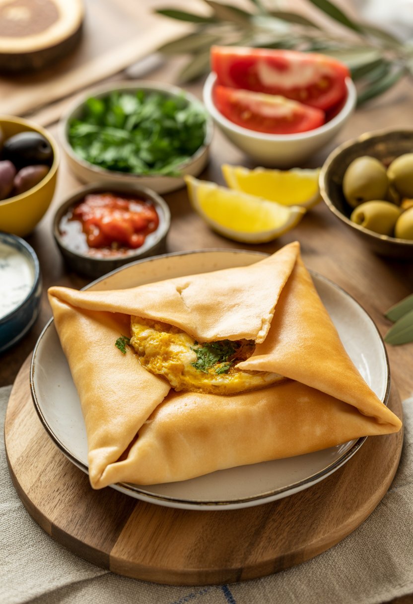 A crispy golden Tunisian Brik pastry on a wooden table surrounded by bowls of olives, tomatoes, herbs, lemon wedges, and spicy sauce.