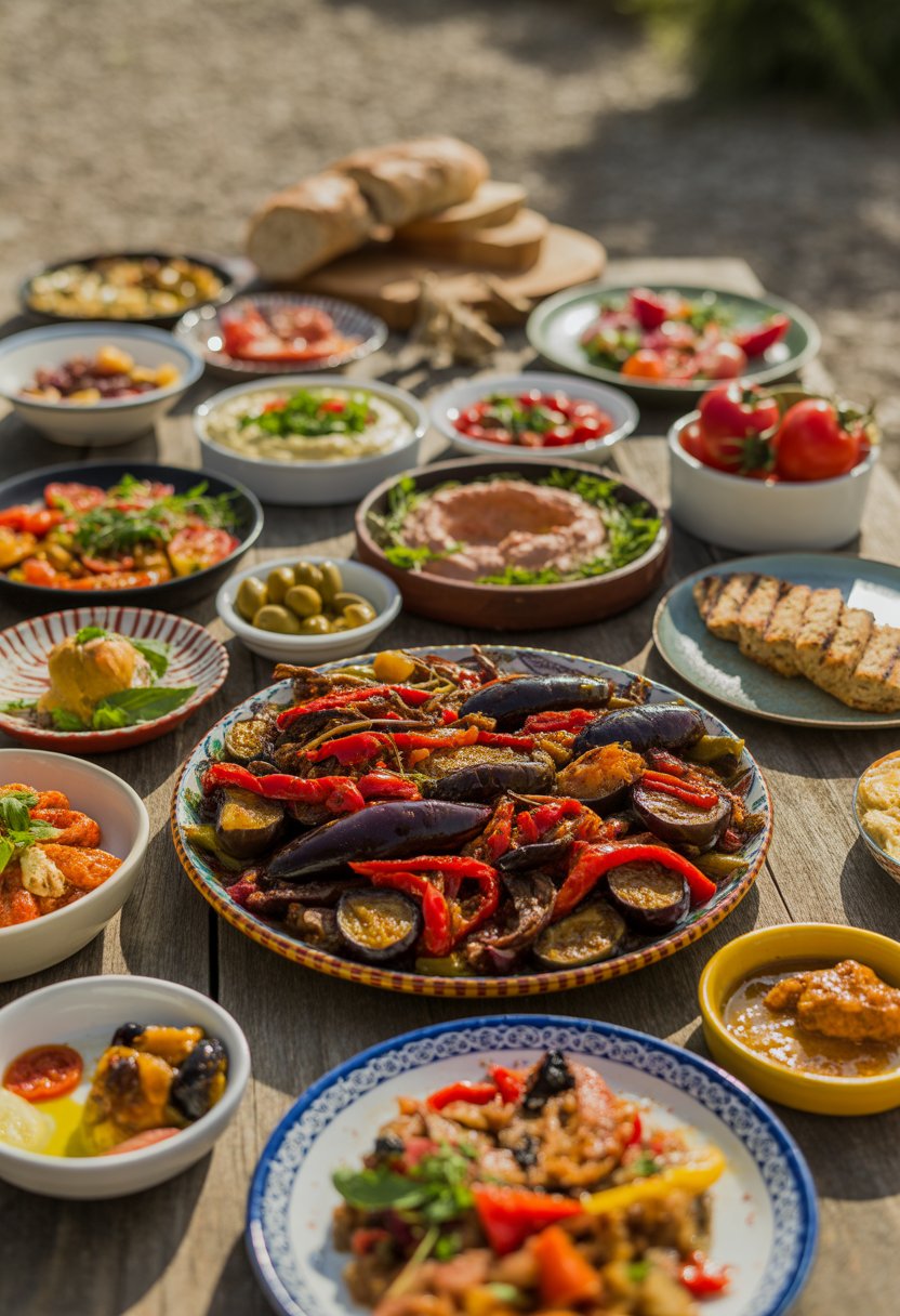 A table with Catalan Escalivada and 15 Mediterranean dishes including roasted vegetables, olives, seafood, salads, and bread arranged attractively.