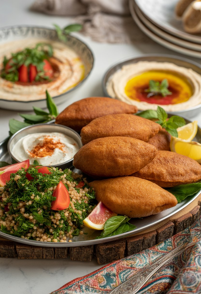 A platter of golden fried Syrian kibbeh surrounded by Mediterranean dishes including tabbouleh, hummus, and yogurt sauce on a wooden board with fresh herbs and lemon wedges.