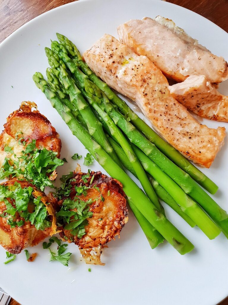 food, nature, salmon, asparagus, foodie, gourmand, potatoes, easter, feast, fish, vegetables