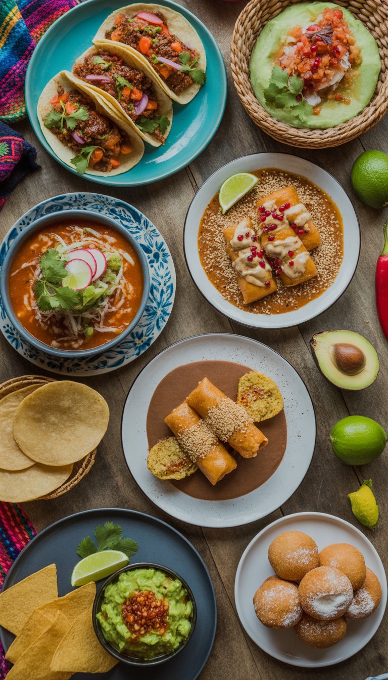 A table displaying eight classic Mexican dishes including tacos, pozole, chiles en nogada, mole poblano, ceviche, tortillas, guacamole with chips, and churros, surrounded by fresh ingredients.