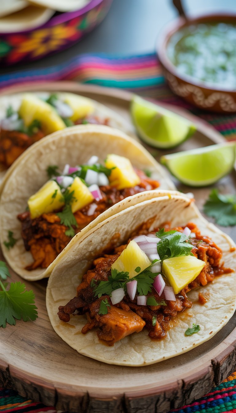 Close-up of three tacos al pastor on a wooden platter with lime wedges, garnished with pineapple, onions, and cilantro.