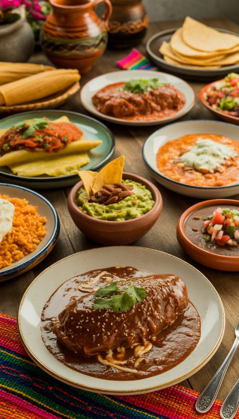 A table set with eight traditional Mexican dishes including chicken mole, enchiladas, guacamole, tamales, Mexican rice, refried beans, pico de gallo, and corn tortillas.
