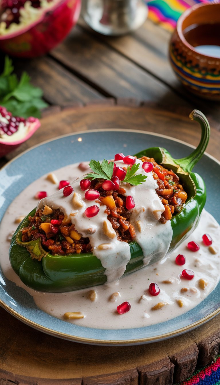 A plate of Chiles en Nogada with stuffed poblano pepper covered in white walnut sauce, garnished with pomegranate seeds and parsley on a wooden table.