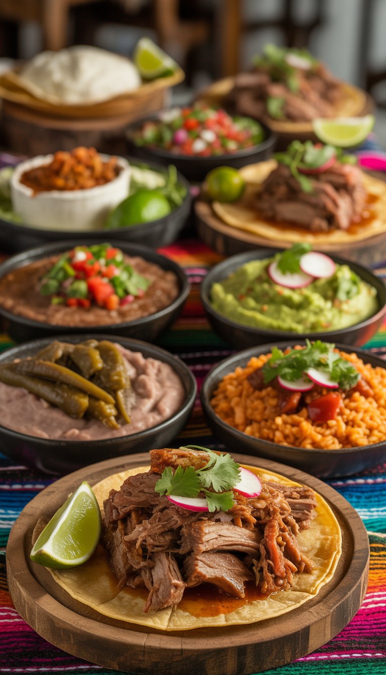 A table displaying eight classic Mexican dishes featuring carnitas, with tortillas, salsas, guacamole, rice, beans, and fresh garnishes.