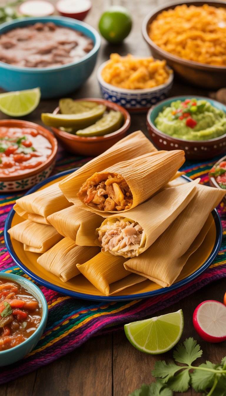 A plate of tamales surrounded by bowls of Mexican side dishes and fresh garnishes on a wooden table.