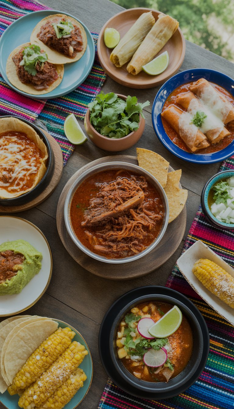 A table with eight classic Mexican dishes including birria, tacos, enchiladas, tamales, guacamole, pozole, and Mexican street corn, all beautifully arranged and ready to eat.
