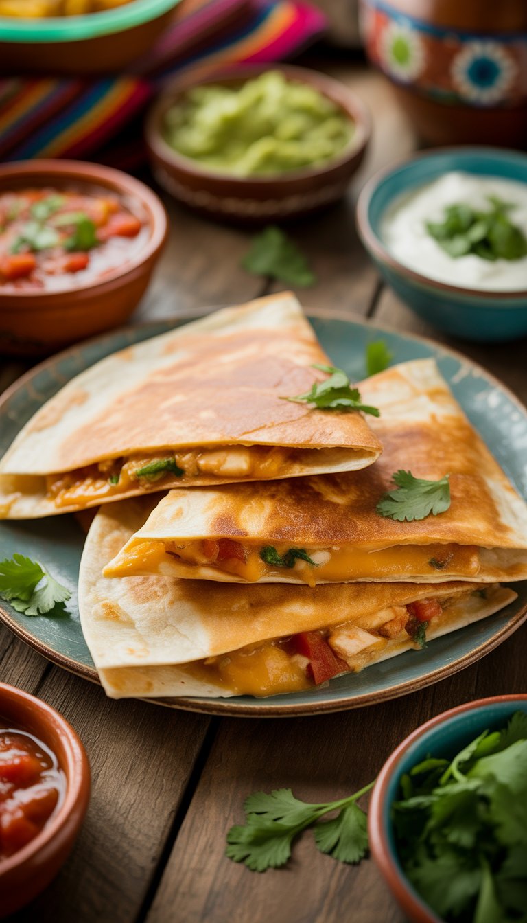 A plate of sliced quesadillas with melted cheese and chicken, accompanied by bowls of salsa, guacamole, and sour cream on a wooden table.