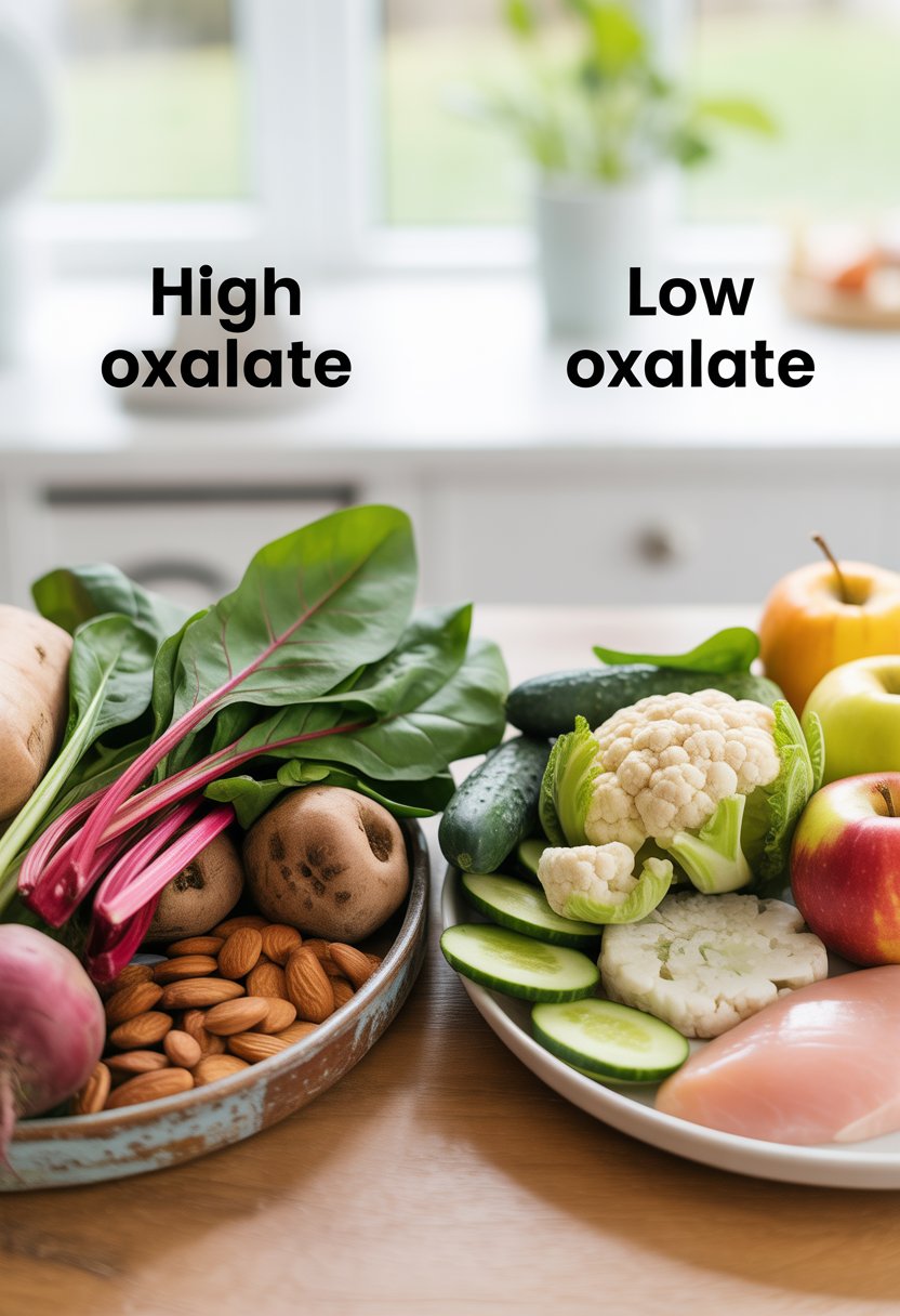 Two plates on a wooden table showing high oxalate foods like spinach and almonds on one side, and low oxalate foods like cauliflower and chicken on the other.