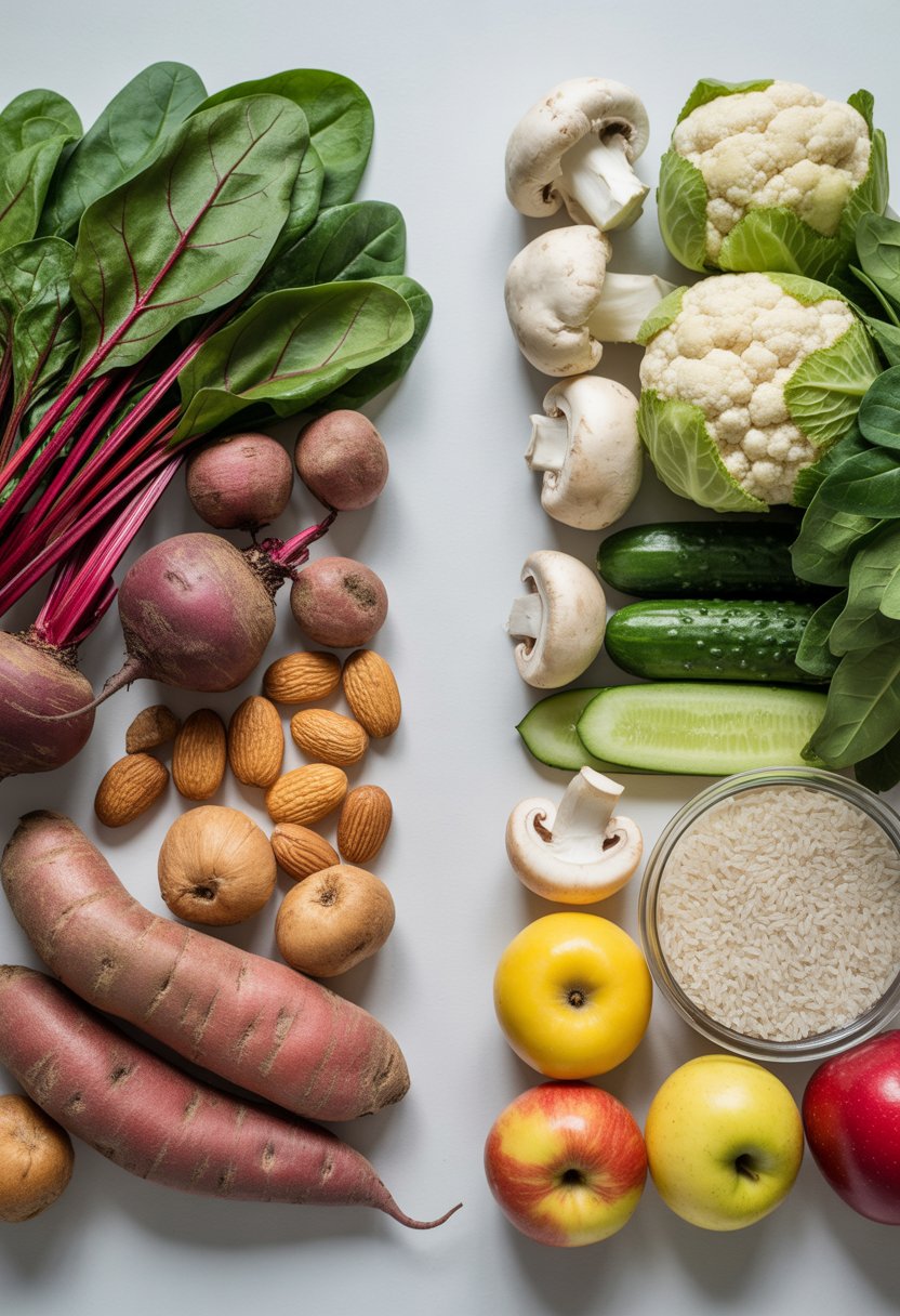 A variety of fresh foods grouped separately to show high oxalate foods like spinach and beets on one side and low oxalate foods like cauliflower and apples on the other.