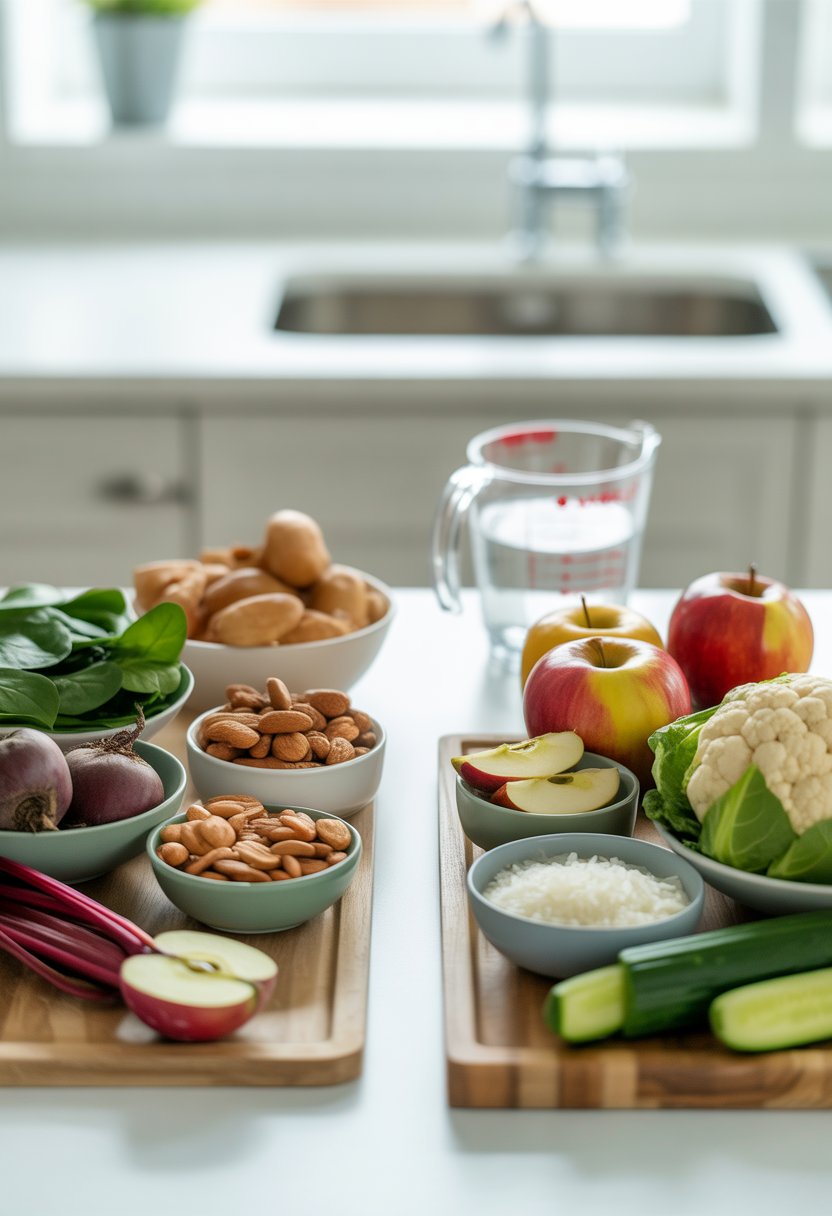 A kitchen countertop with fresh high oxalate foods like spinach and nuts on one side and low oxalate foods like apples and cauliflower on the other side.