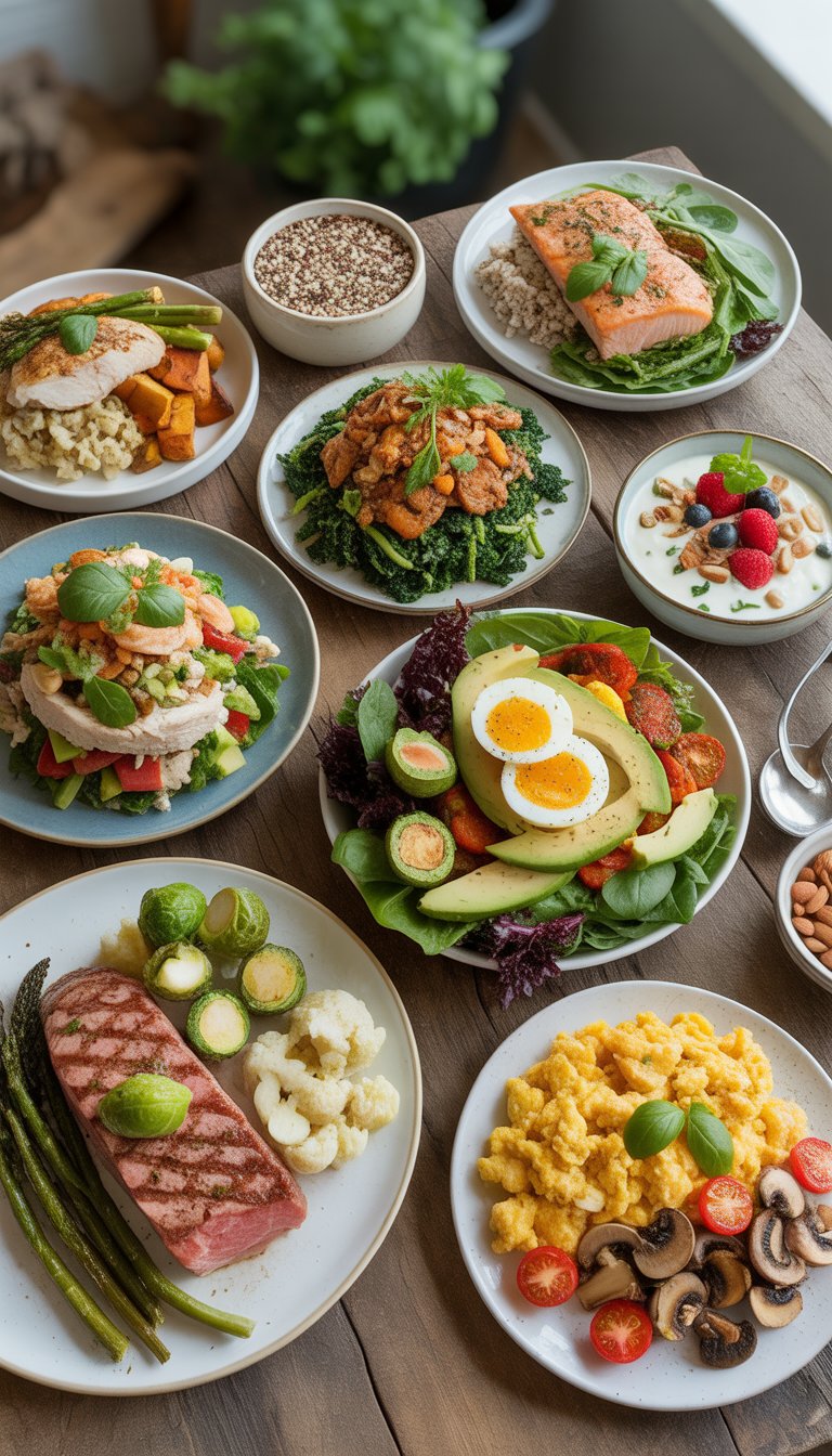 A table with eight different healthy high-protein meals including grilled chicken, salmon, shrimp salad, turkey lettuce wraps, Greek yogurt with berries, steak with vegetables, scrambled eggs, and a bowl of nuts.