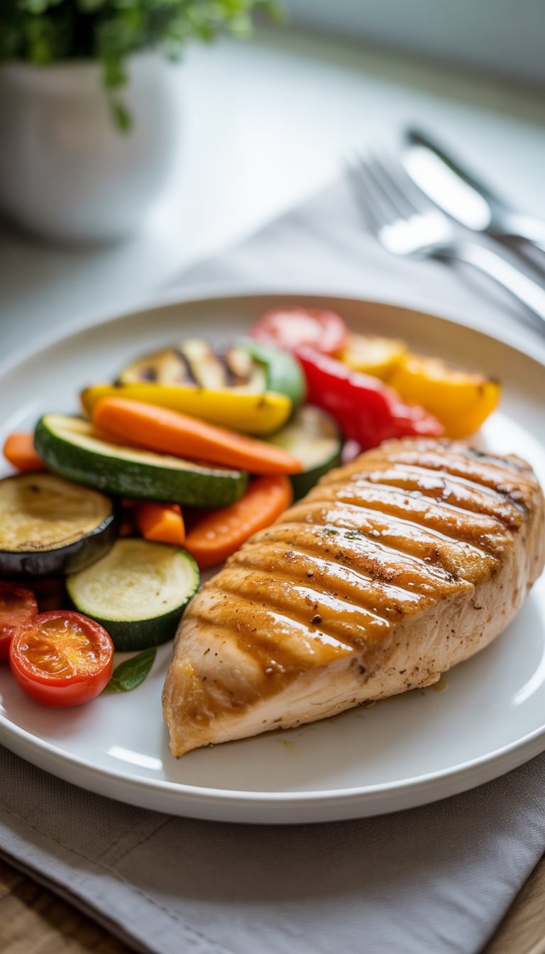 Grilled chicken breast with roasted vegetables on a white plate.