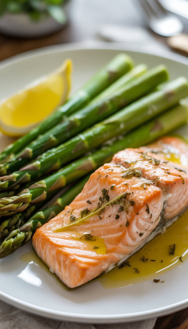 A plate with baked salmon, asparagus, and a lemon wedge.