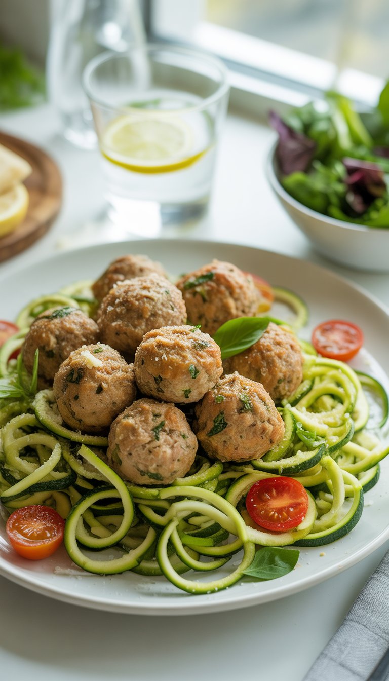 Plate of turkey meatballs served with spiralized zucchini noodles garnished with fresh herbs and cherry tomatoes on a kitchen table.
